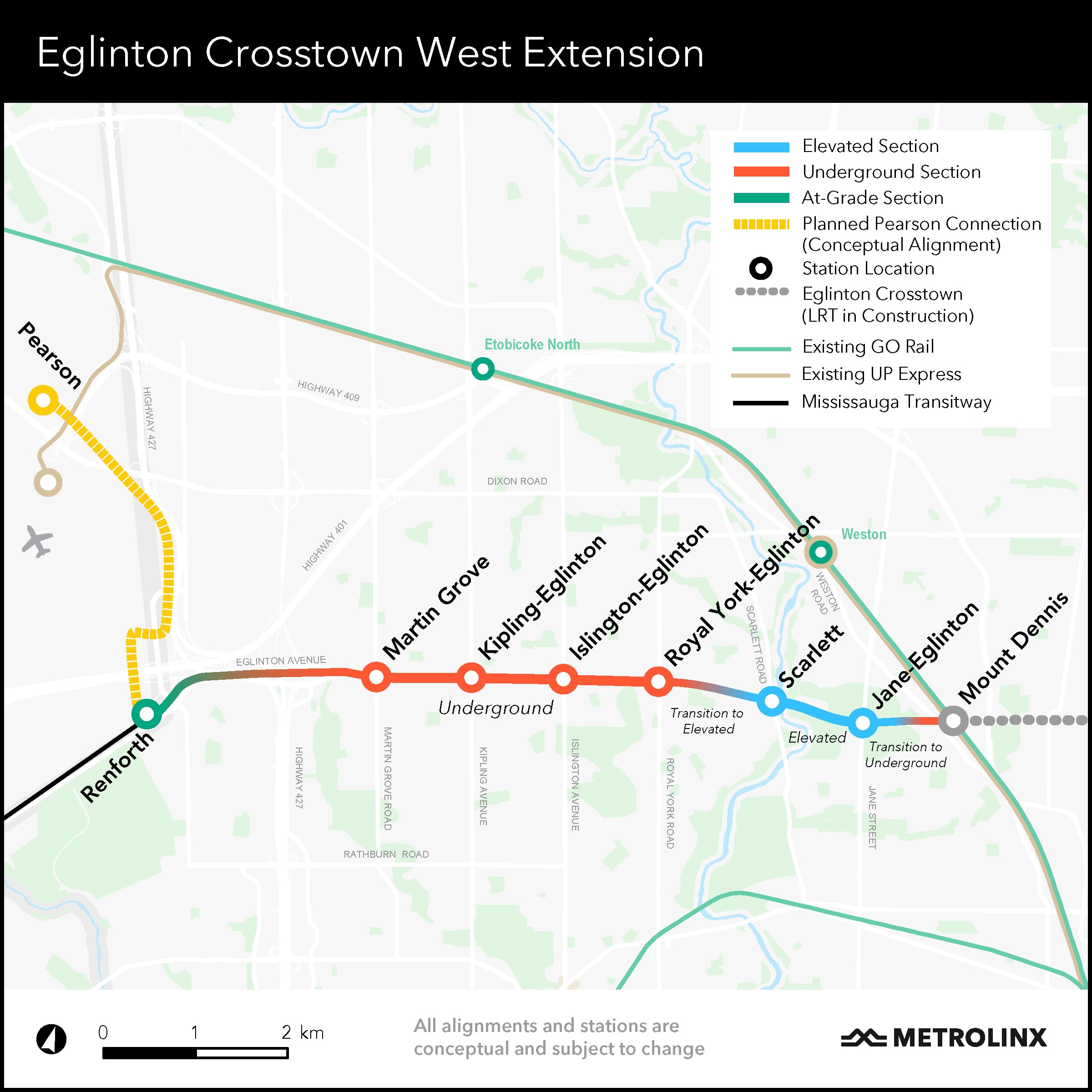 A map of the route of the Eglinton Crosstown West Extension.
